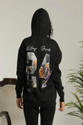 Baskılı Oversize Üç İplik Kapüşonlu Sweatshirt - Siyah (180334)