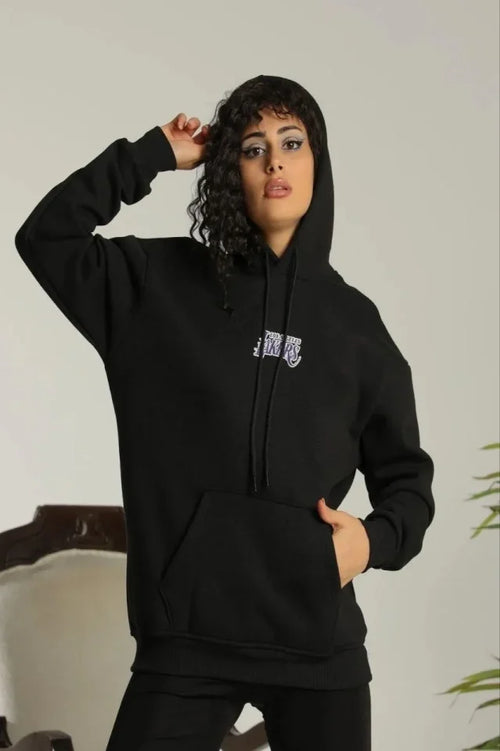 Baskılı Oversize Üç İplik Kapüşonlu Sweatshirt - Siyah (180334)