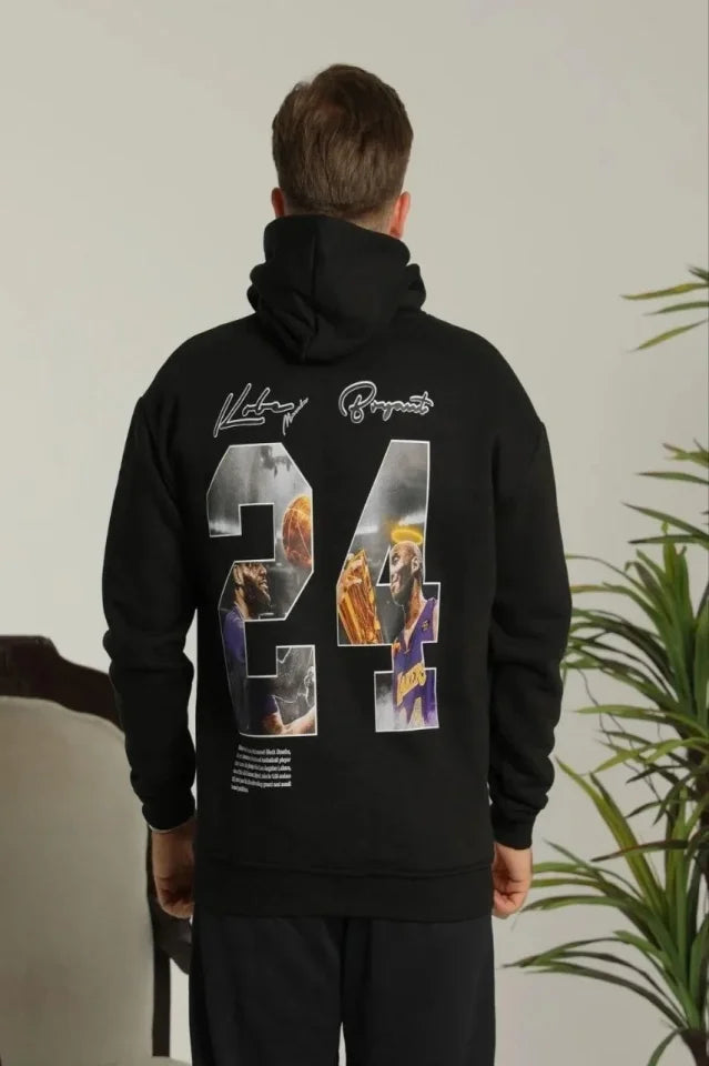 Erkek Baskılı Oversize Üç İplik Kapüşonlu Sweatshirt - Siyah (180336)