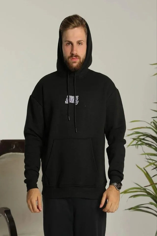 Erkek Baskılı Oversize Üç İplik Kapüşonlu Sweatshirt - Siyah (180336)