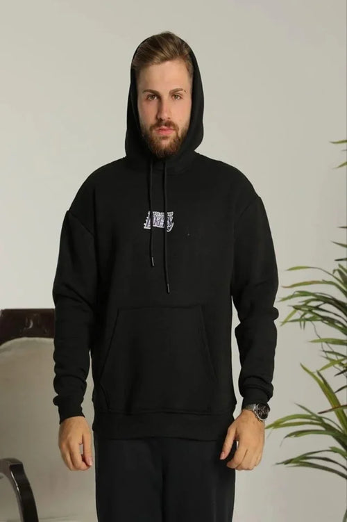 Erkek Baskılı Oversize Üç İplik Kapüşonlu Sweatshirt - Siyah (180336)