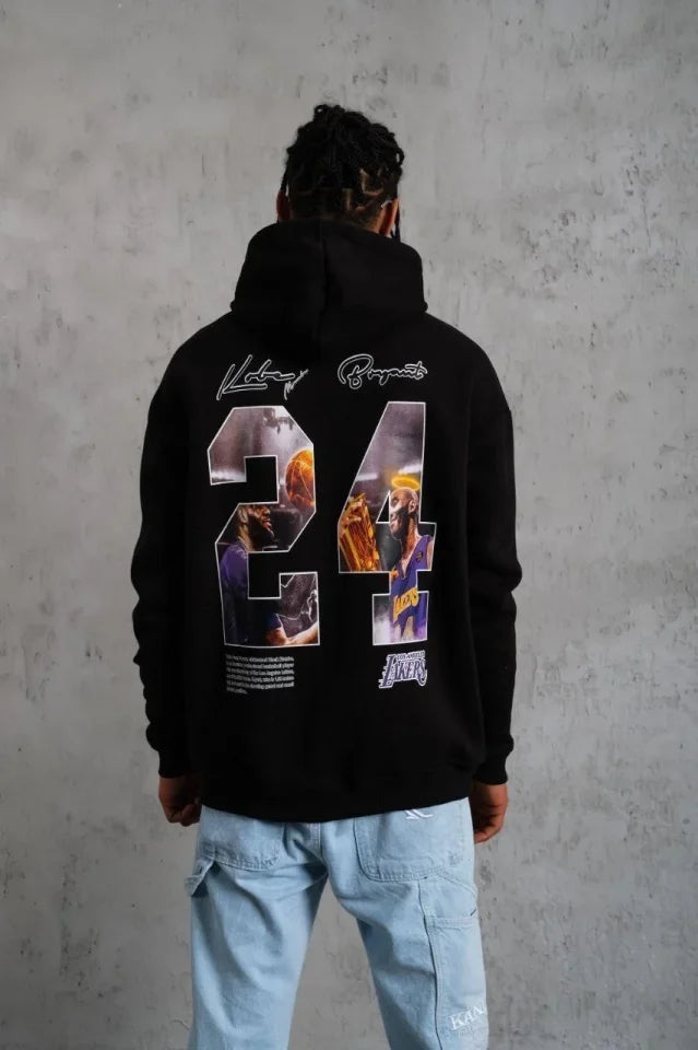 Erkek Baskılı Oversize Üç İplik Kapüşonlu Sweatshirt - Siyah (180336)