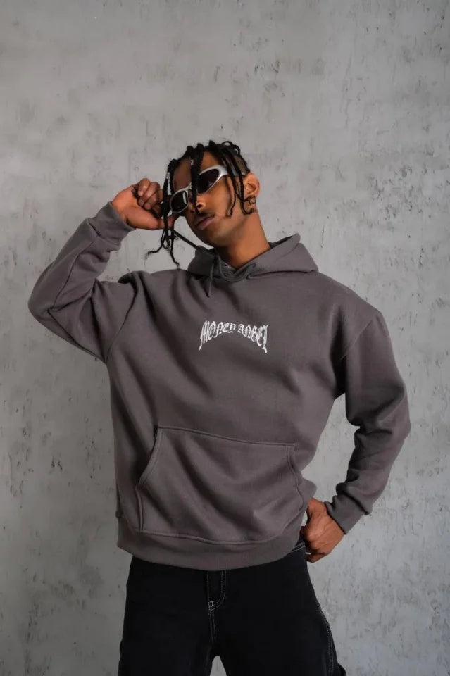 Erkek Kordon İpli Baskılı Kapüşonlu Sweatshirt - Füme (180385)