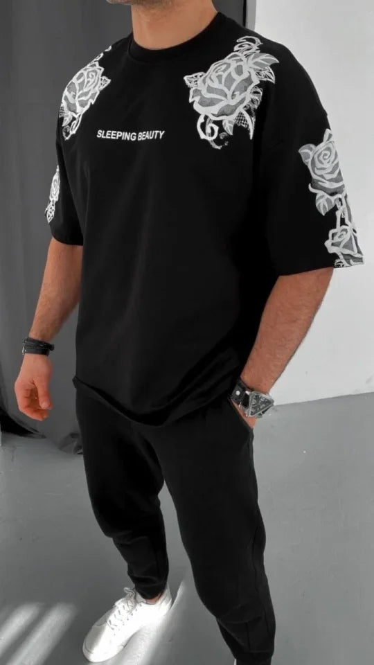 Unisex Flok Kabartma Baskılı T-Shirt - Siyah (180457)