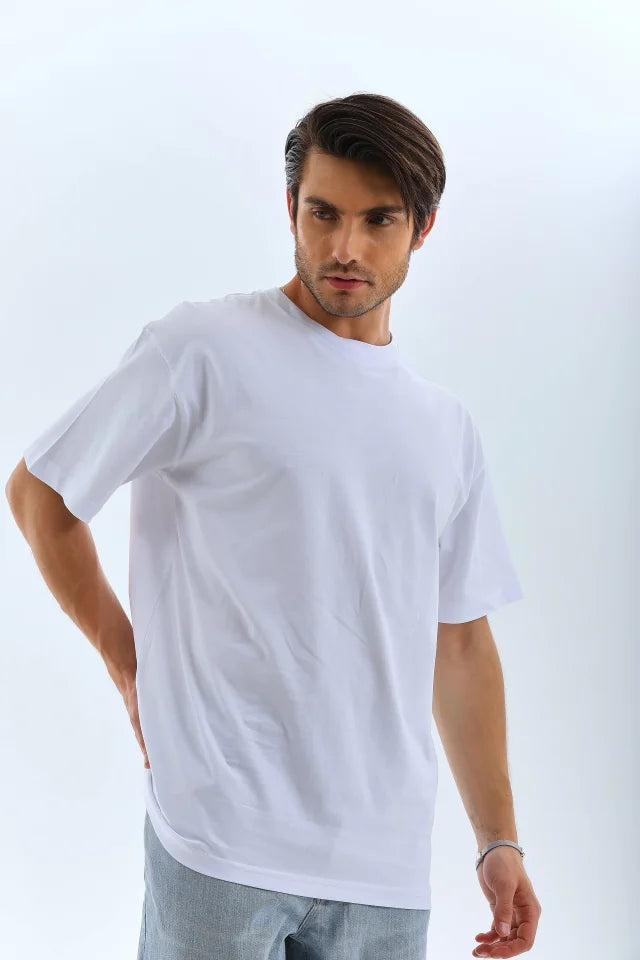 Unisex Oversize Düz Bisiklet Yaka T-Shirt - Beyaz (180461)