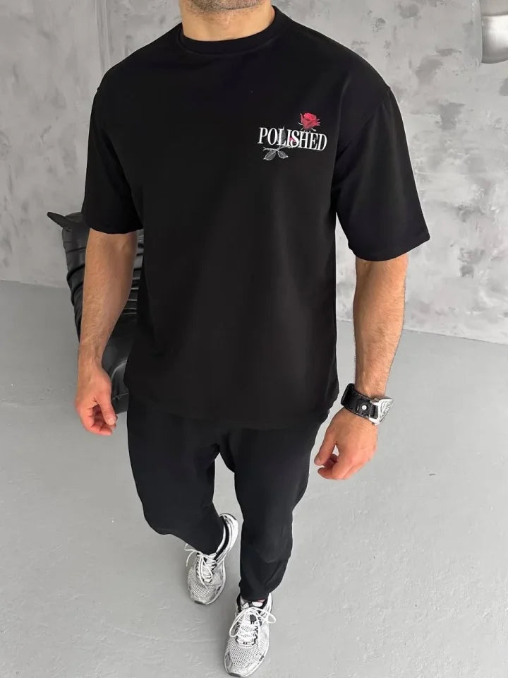 Unisex Bisiklet Yaka Baskılı Oversize T-Shirt - Siyah (180520)