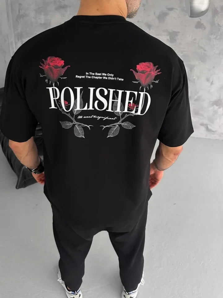 Unisex Bisiklet Yaka Baskılı Oversize T-Shirt - Siyah (180520)