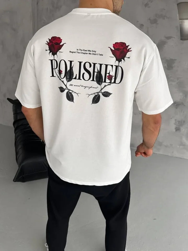 Unisex Bisiklet Yaka Baskılı Oversize T-Shirt - Beyaz (180521)