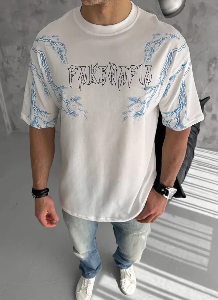 Unisex Bisiklet Yaka Baskılı Oversize T-Shirt - Beyaz (180524)