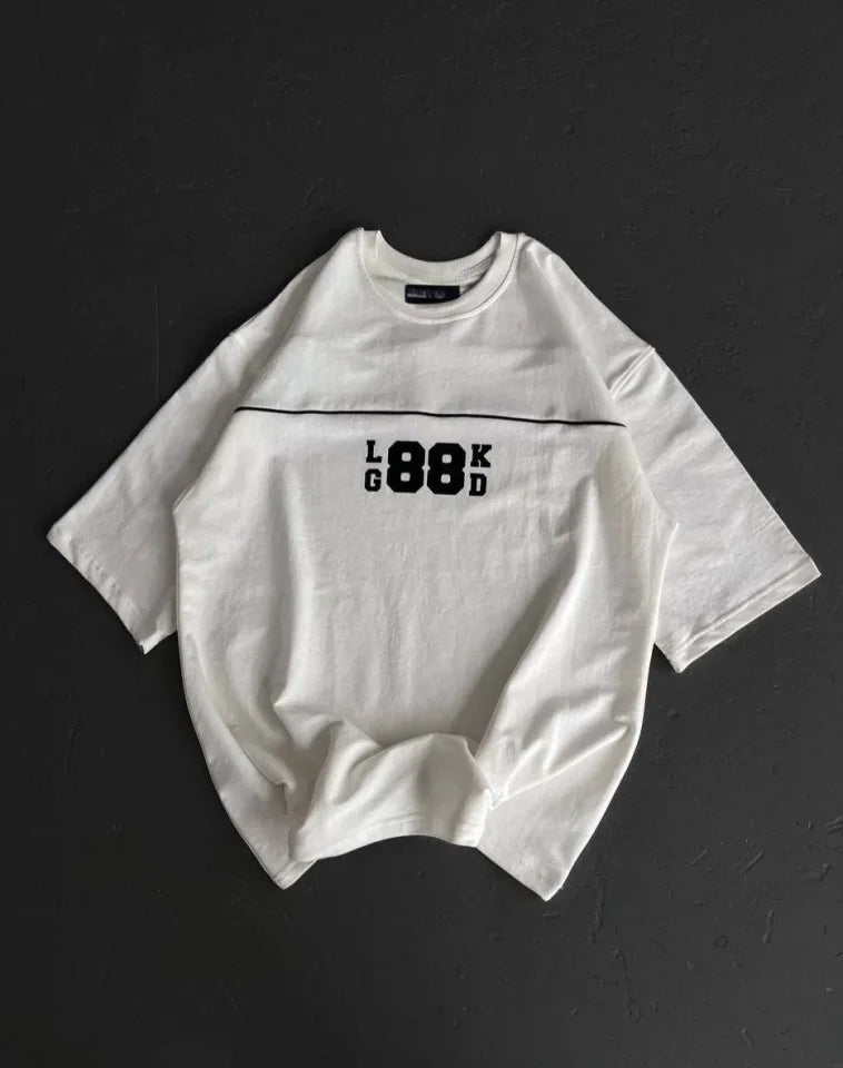 Unisex Bisiklet Yaka Baskılı Oversize T-Shirt - Beyaz (180607)
