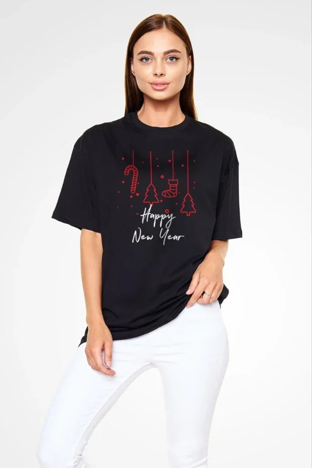 Unisex Bisiklet Yaka Baskılı Oversize T-Shirt - Siyah (180608)