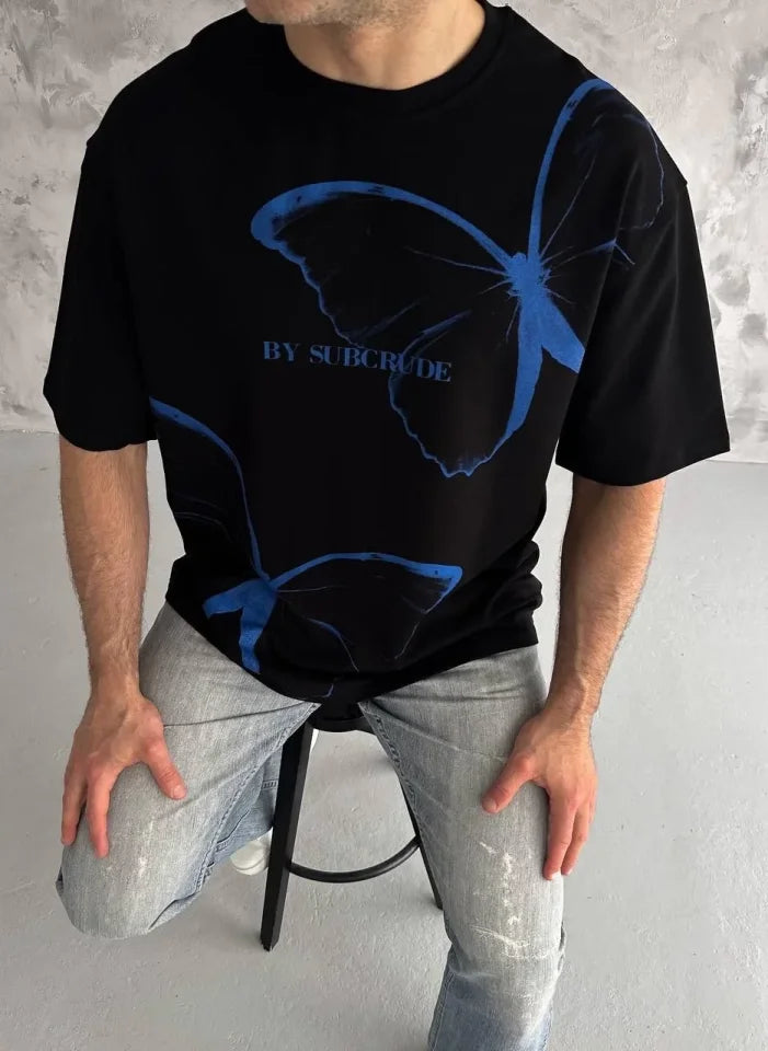 Unisex Bisiklet Yaka Baskılı Oversize T-Shirt - Siyah (180610)