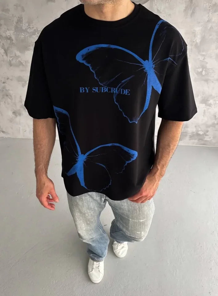 Unisex Bisiklet Yaka Baskılı Oversize T-Shirt - Siyah (180610)