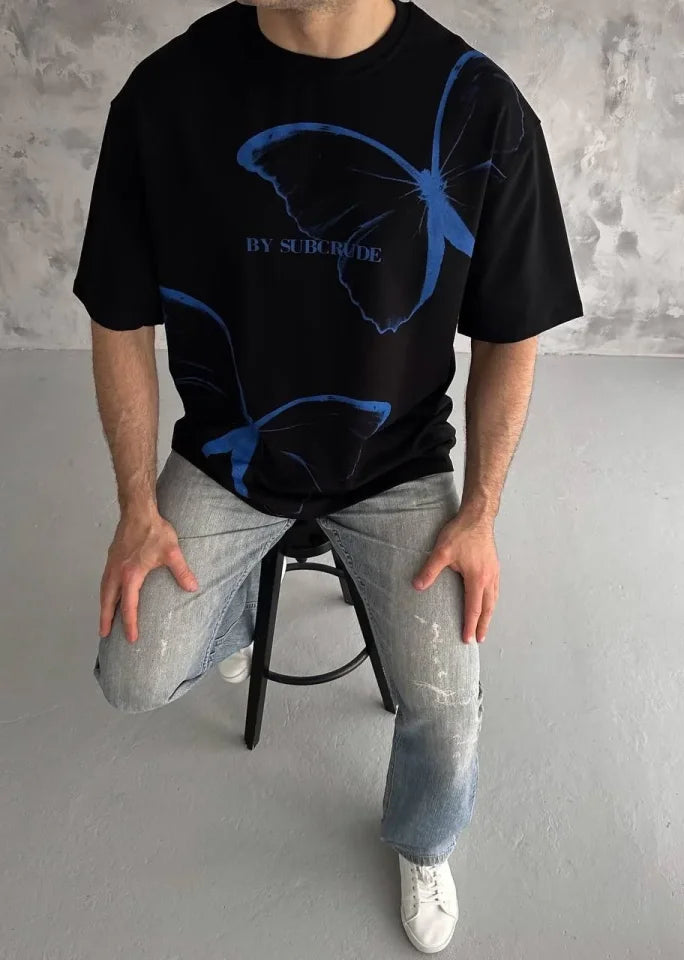 Unisex Bisiklet Yaka Baskılı Oversize T-Shirt - Siyah (180610)