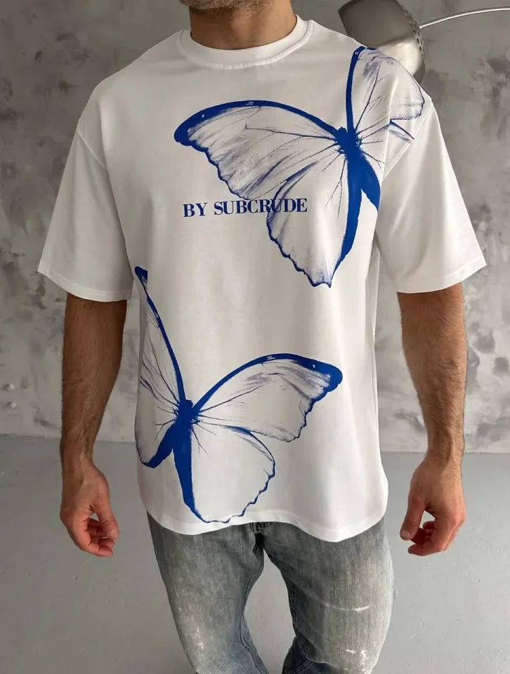 Unisex Bisiklet Yaka Baskılı Oversize T-Shirt - Beyaz (180612)