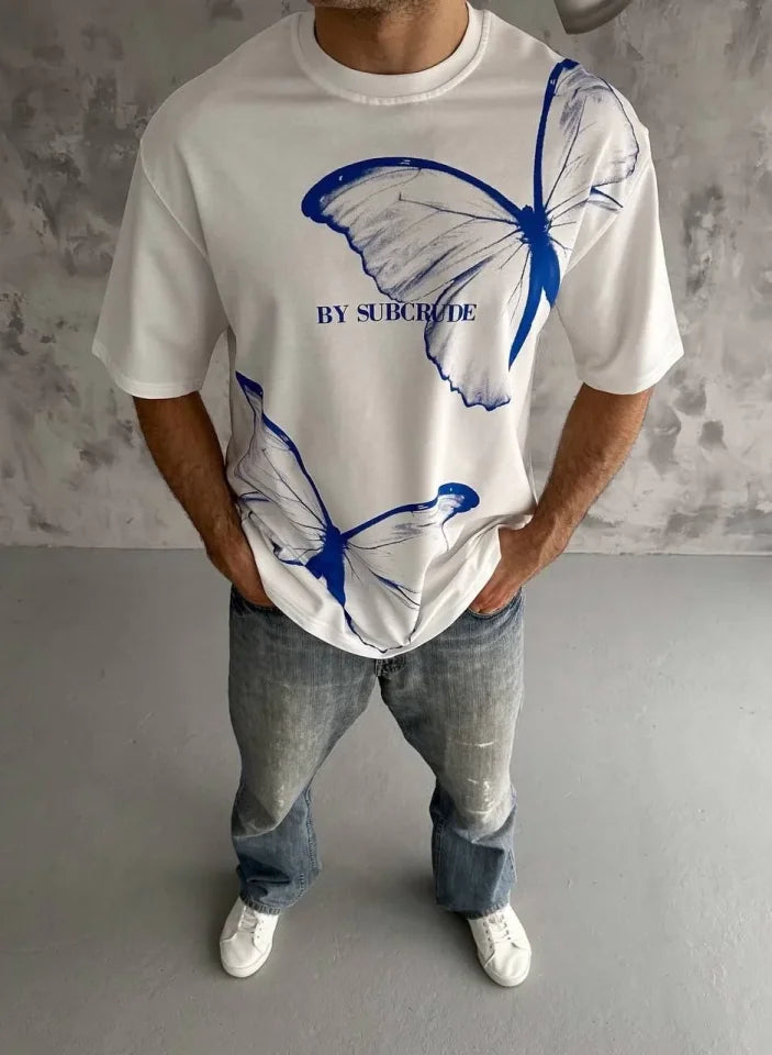 Unisex Bisiklet Yaka Baskılı Oversize T-Shirt - Beyaz (180612)
