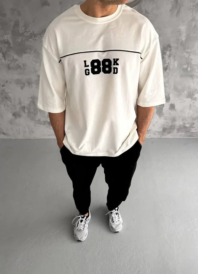 Unisex Bisiklet Yaka Baskılı Oversize T-Shirt - Beyaz (180613)