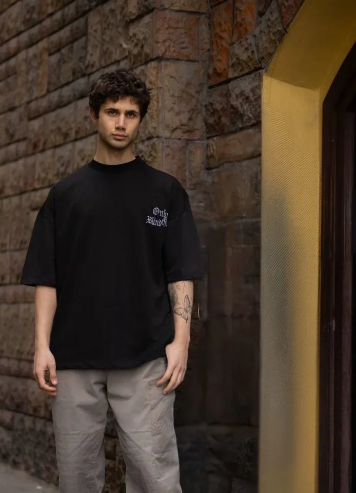Unisex Bisiklet Yaka Baskılı Oversize T-Shirt - Siyah (180615)
