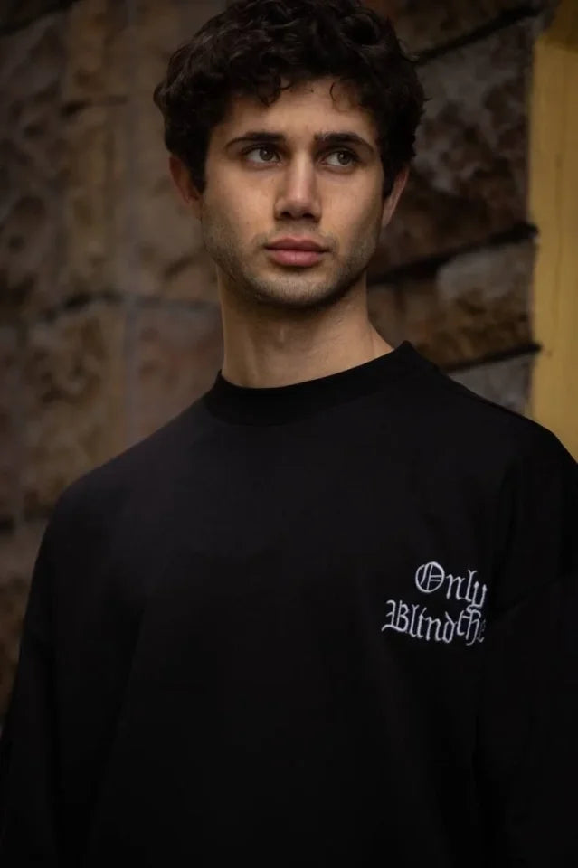 Unisex Bisiklet Yaka Baskılı Oversize T-Shirt - Siyah (180615)
