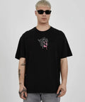Unisex Bisiklet Yaka Baskılı Oversize T-Shirt - Siyah (180616)