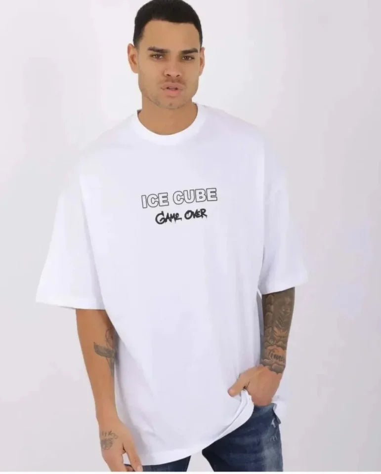 Unisex Bisiklet Yaka Baskılı Oversize T-Shirt - Beyaz (180623)