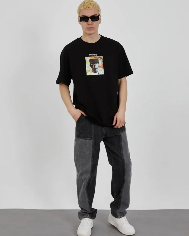Unisex Bisiklet Yaka Baskılı Oversize T-Shirt - Siyah (180624)