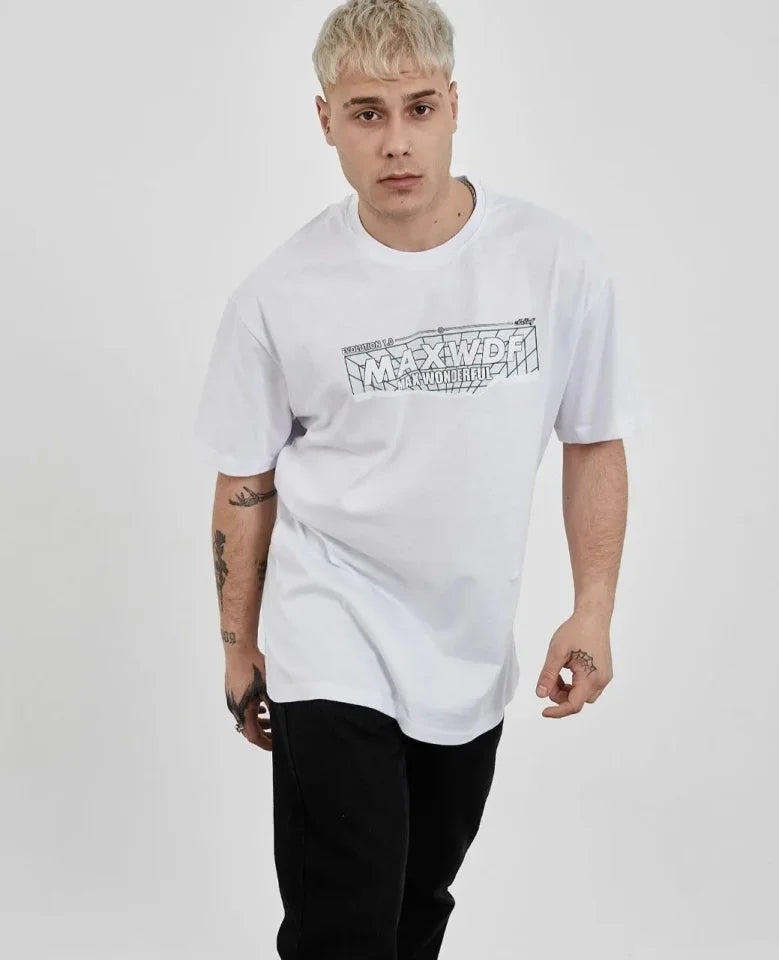 Unisex Bisiklet Yaka Baskılı Oversize T-Shirt - Beyaz (180626)