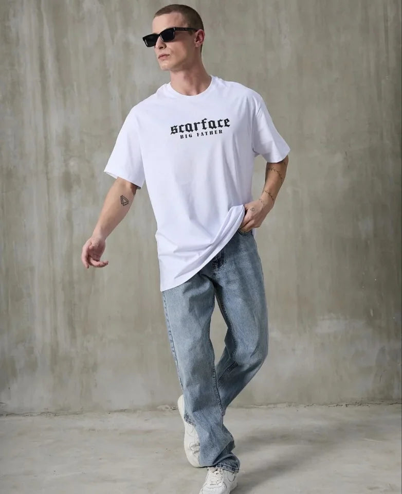 Unisex Bisiklet Yaka Baskılı Oversize T-Shirt - Beyaz (180628)