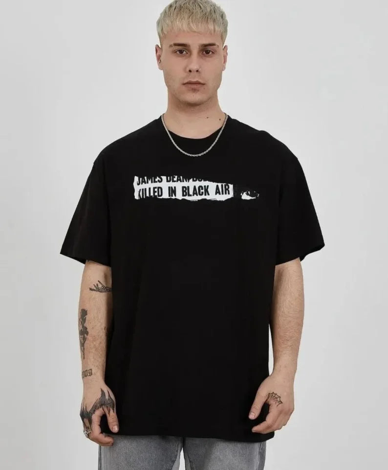 Unisex Bisiklet Yaka Baskılı Oversize T-Shirt - Siyah (180629)