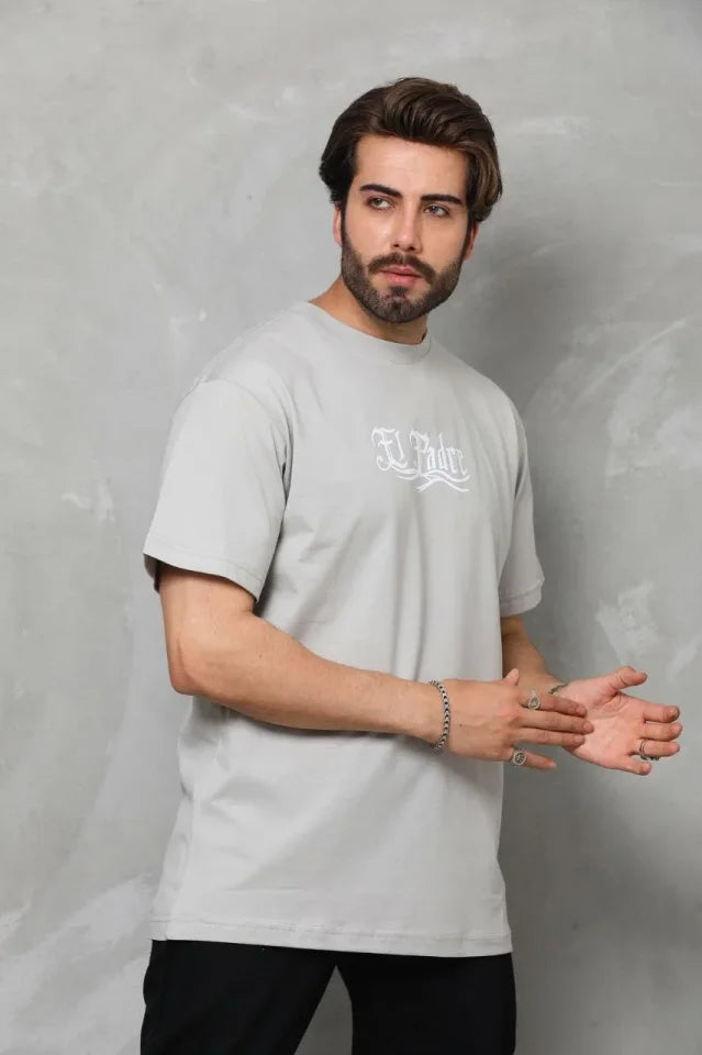 Unisex Bisiklet Yaka Baskılı Oversize T-Shirt - Gri (180641)