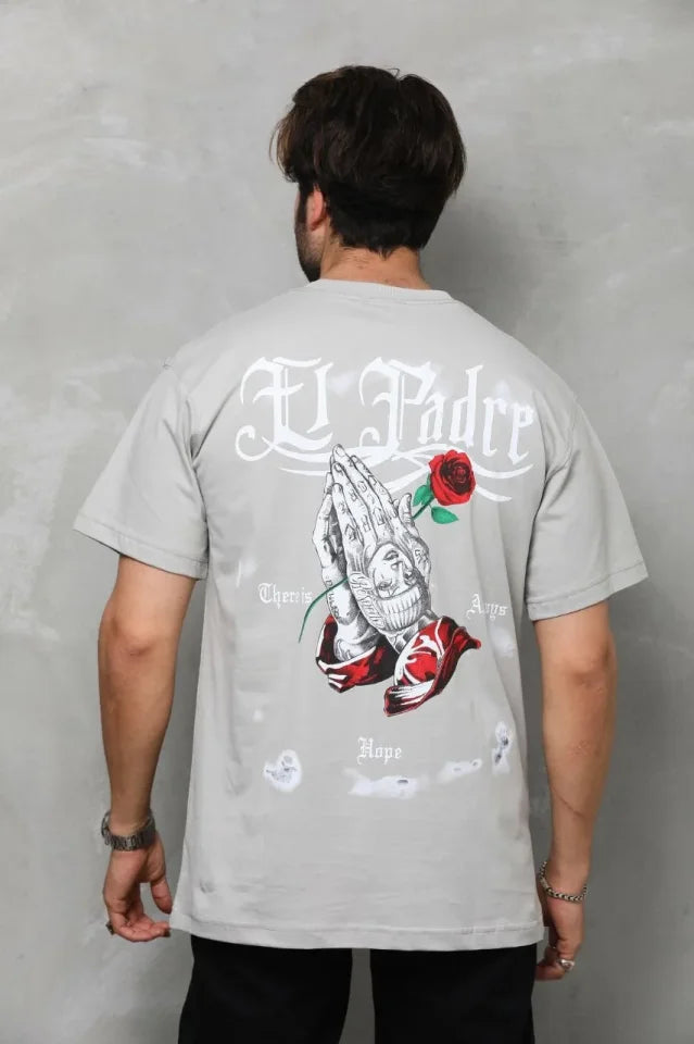 Unisex Bisiklet Yaka Baskılı Oversize T-Shirt - Gri (180641)