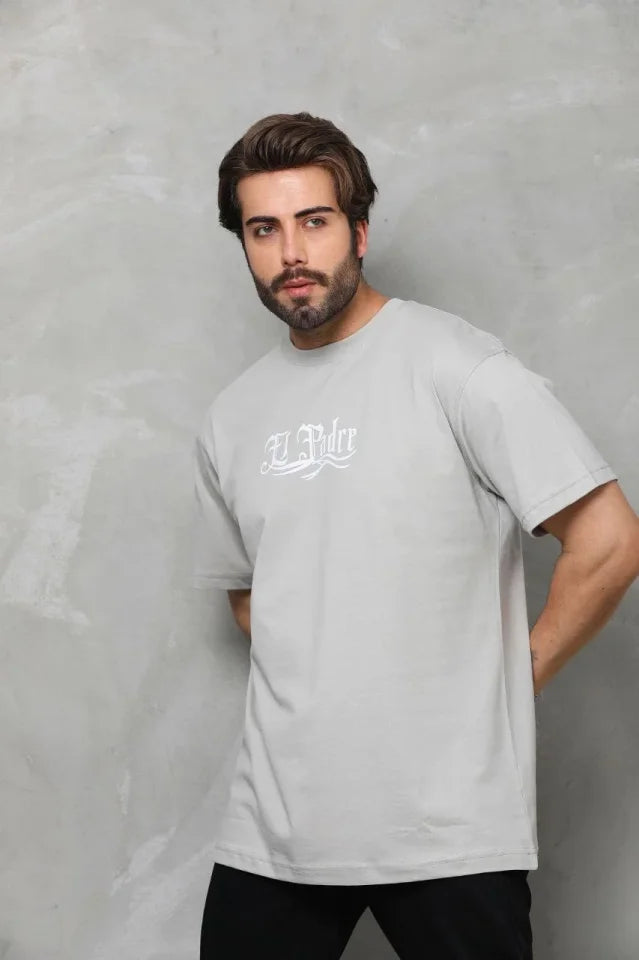 Unisex Bisiklet Yaka Baskılı Oversize T-Shirt - Gri (180641)