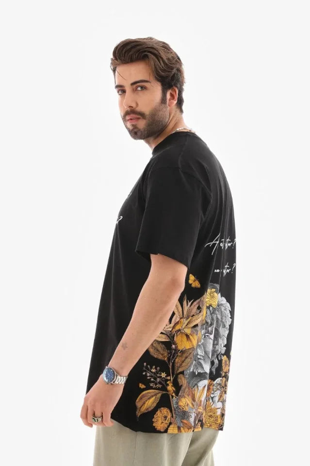 Unisex Bisiklet Yaka Baskılı Oversize T-Shirt - Siyah (180644)