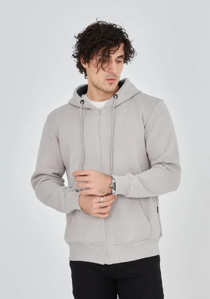 Unisex Tam Fermuarlı Kapşonlu  SweatShirt - Boyalı Gri (180677)