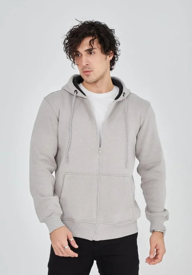 Unisex Tam Fermuarlı Kapşonlu  SweatShirt - Boyalı Gri (180677)