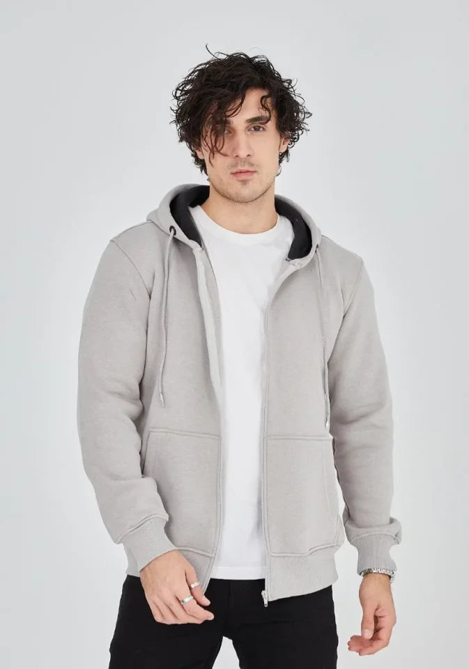 Unisex Tam Fermuarlı Kapşonlu  SweatShirt - Boyalı Gri (180677)