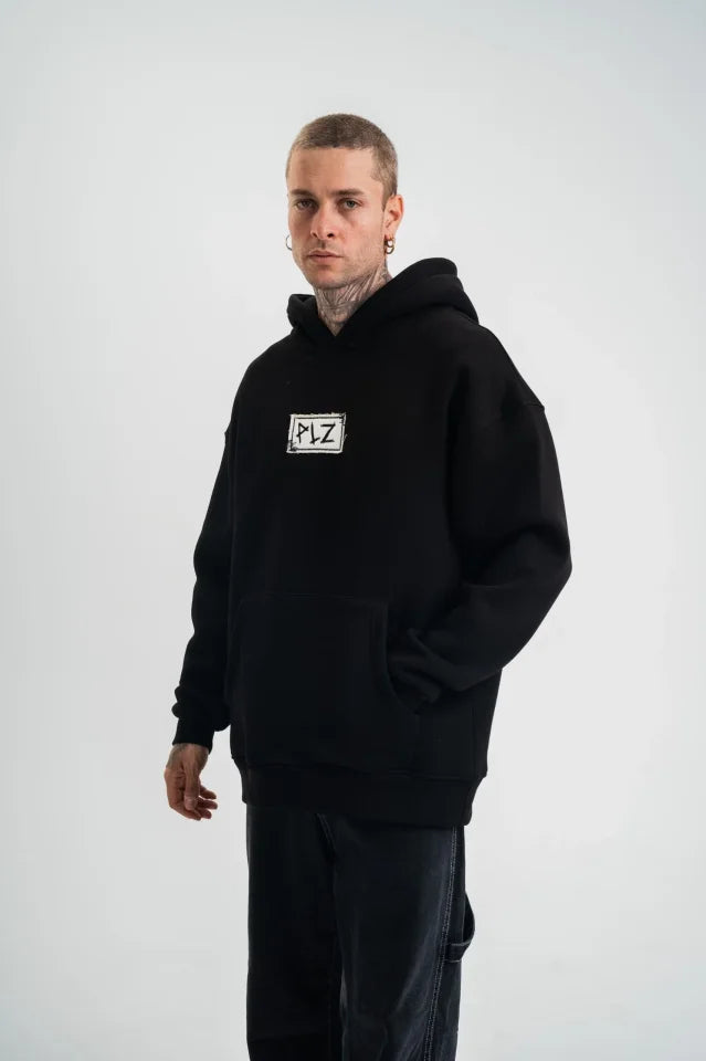 Unisex Kapşonlu Uzun Kol Patchli Nakışlı SweatShirt - Siyah (180760)