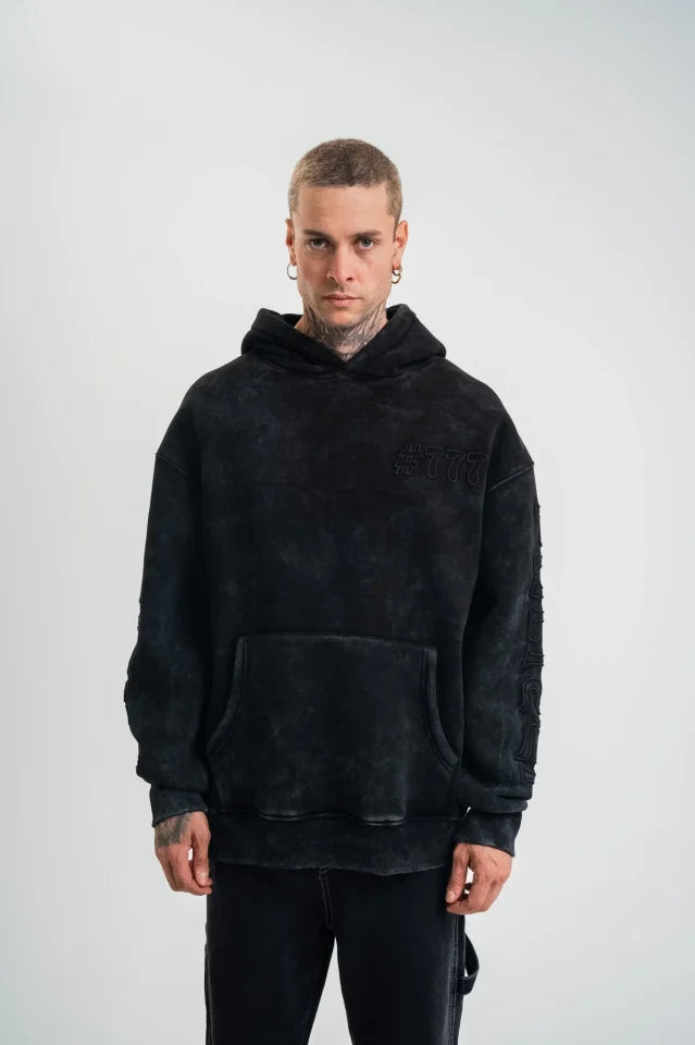 Unisex Uzun Kol Kapşonlu Yıkamalı Nakışlı SweatShirt - Siyah (180769)