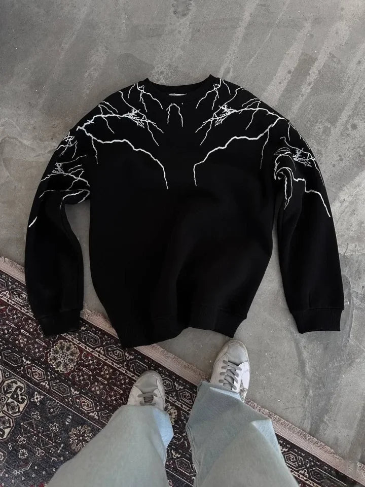 Yıldırım Baskılı Bisiklet Yaka SweatShirt - Siyah (180836)