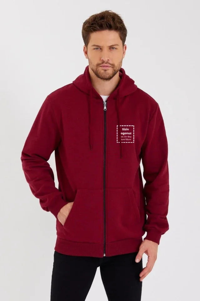 Unisex Tam Fermuarlı Kapşonlu Özel Tasarım SweatShirt - Bordo (180840)