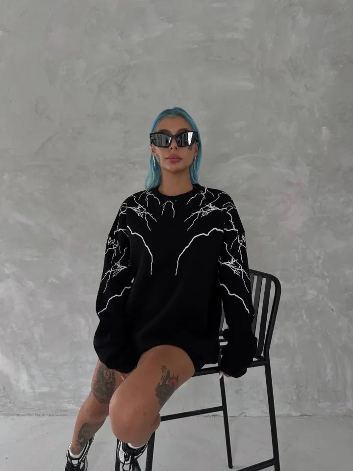 Yıldırım Baskılı Bisiklet Yaka SweatShirt - Siyah (181293)