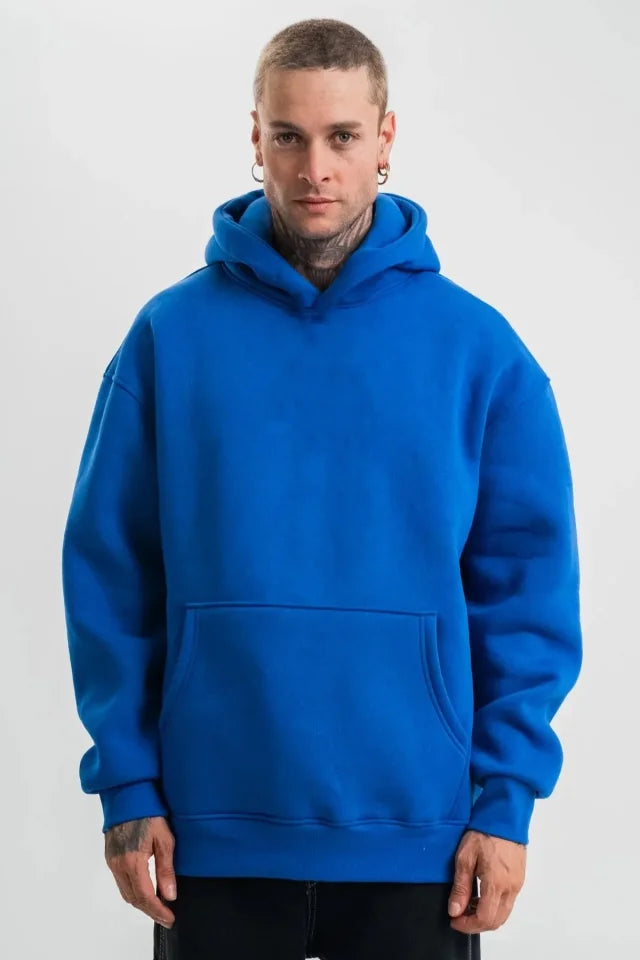 Erkek Saks Mavi Double Oversize 3 İplik Pamuklu Kapüşonlu Kanguru Cepli Sweatshirt Hoodie - Saks Mavi (181324)