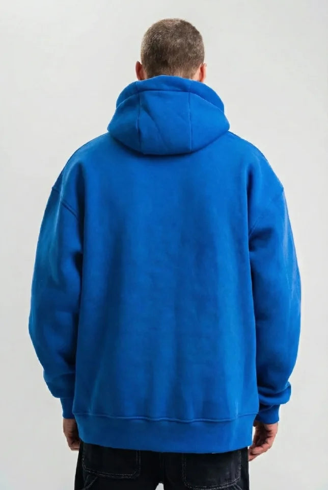 Erkek Saks Mavi Double Oversize 3 İplik Pamuklu Kapüşonlu Kanguru Cepli Sweatshirt Hoodie - Saks Mavi (181324)