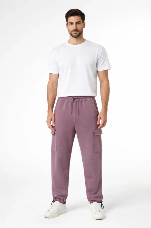 Erkek Baggy Üç İplik Kargo Cepli Eşofman Ayarlanabilir Paça Beli İpli Pantolon - Gül Kurusu (181334)