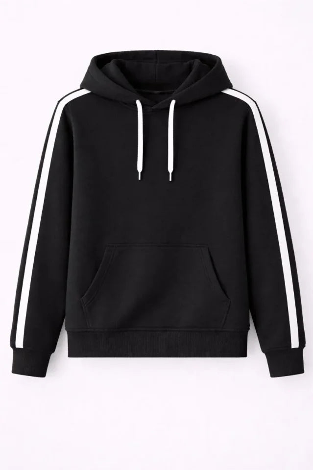 Erkek Şeritli Kapüşonlu Sweatshirt Oversize 3 Iplik Pamuklu - Siyah (181349)
