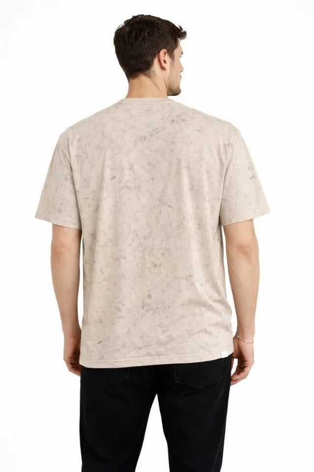 Erkek Asit Yıkama Bisiklet Yaka Kısa Kollu Oversize T-Shirt Tişört - Bej (181589)