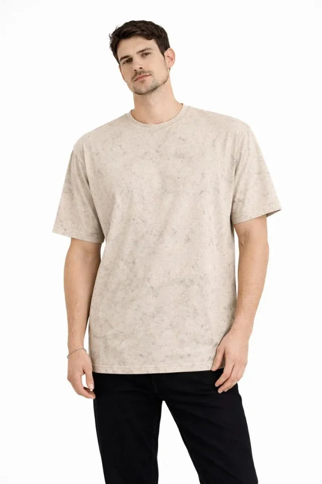 Erkek Asit Yıkama Bisiklet Yaka Kısa Kollu Oversize T-Shirt Tişört - Bej (181589)