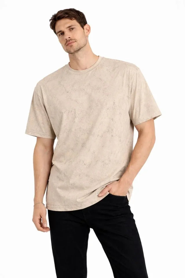 Erkek Asit Yıkama Bisiklet Yaka Kısa Kollu Oversize T-Shirt Tişört - Bej (181589)