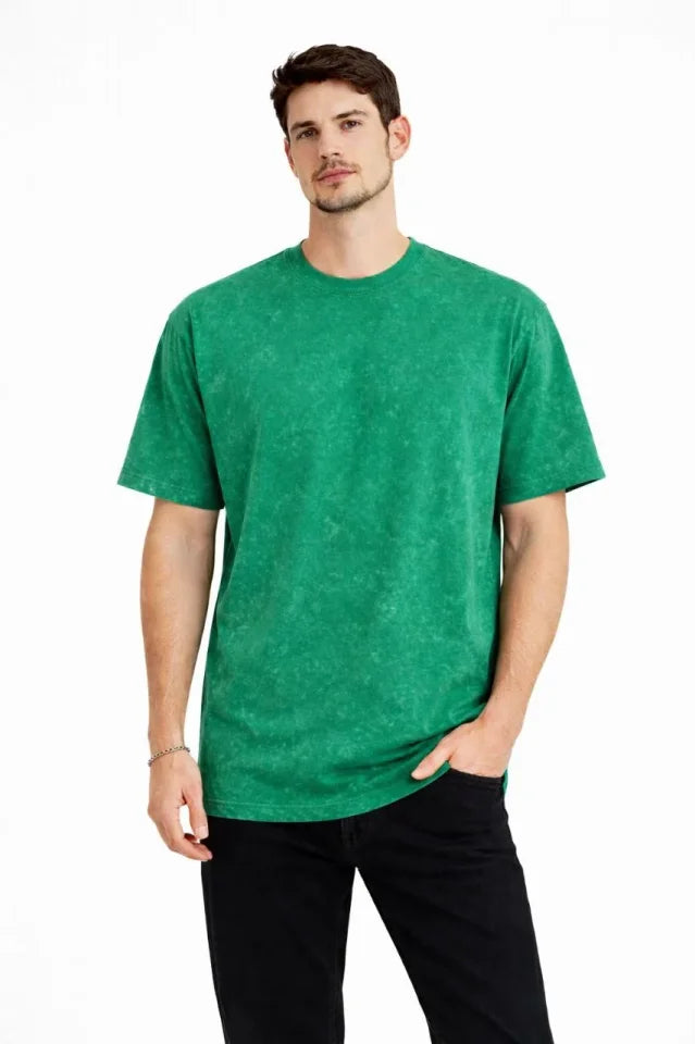 Erkek Asit Yıkama Bisiklet Yaka Kısa Kollu Oversize T-Shirt Tişört - Yeşil (181590)