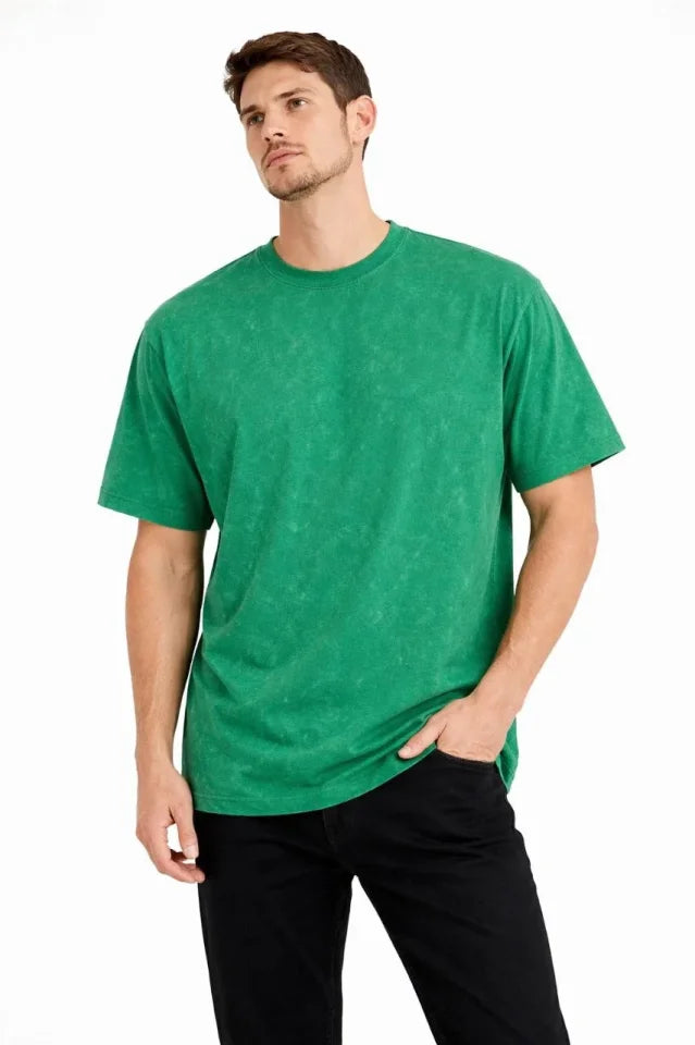 Erkek Asit Yıkama Bisiklet Yaka Kısa Kollu Oversize T-Shirt Tişört - Yeşil (181590)